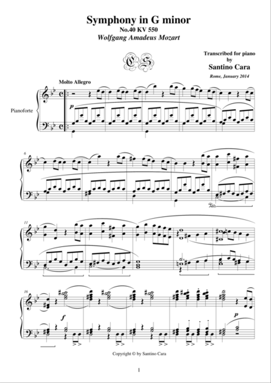 Symphony No.40 in G minor KV 550 for piano - Full 4-Part scores gallery preview page 1