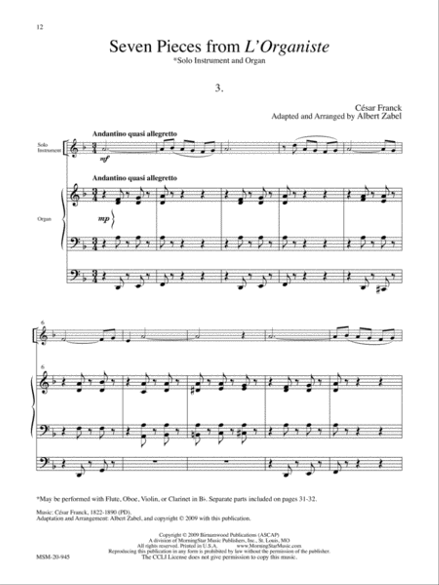 Seven Pieces from L'Organiste for Solo Instrument and Organ Organ scores gallery preview page 6