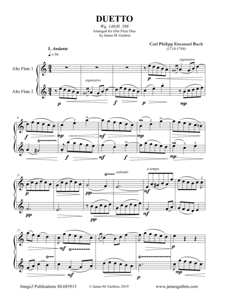 CPE Bach: Duetto Wq. 140 for Alto Flute Duo image number null