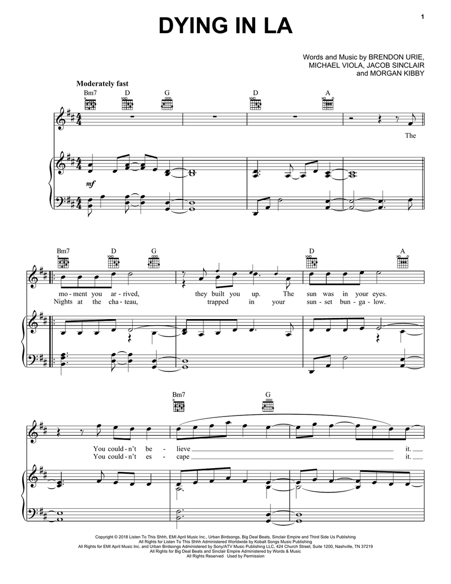 Dying In LA Piano, Vocal, Guitar scores gallery preview page 1