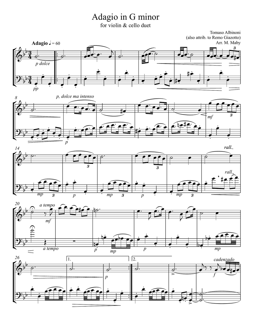 Albinoni Adagio for violin & cello duet String Duet scores gallery preview page 1
