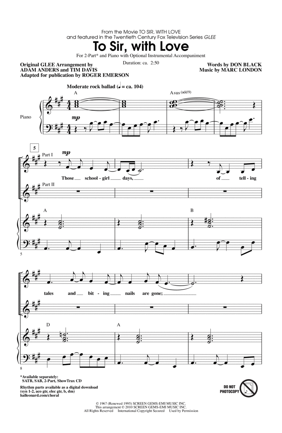 To Sir, With Love 2-Part scores gallery preview page 1