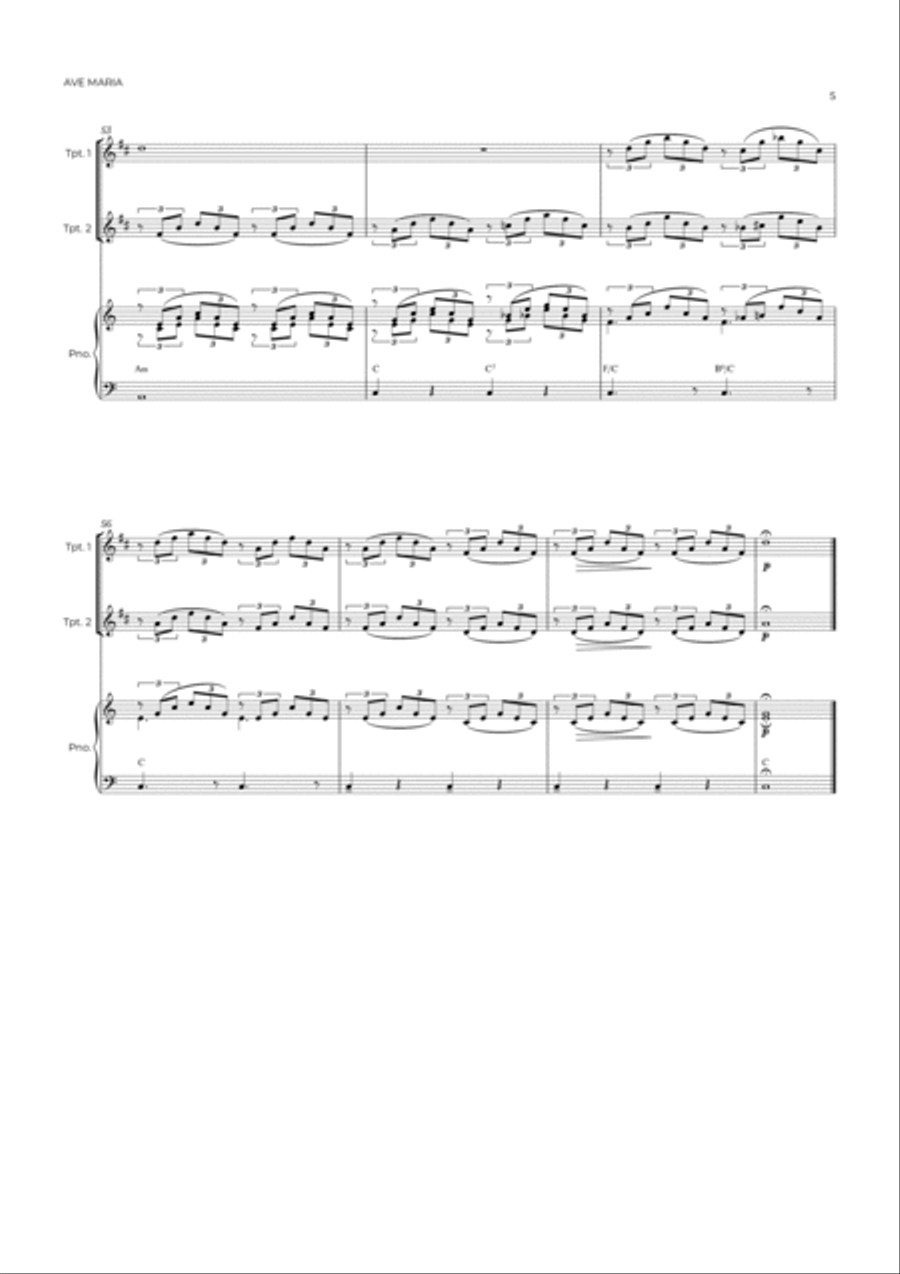 AVE MARIA - SCHUBERT - BRASS PIANO TRIO (TRUMPET 1, TRUMPET 2 & PIANO) Trumpet Trio scores gallery preview page 5