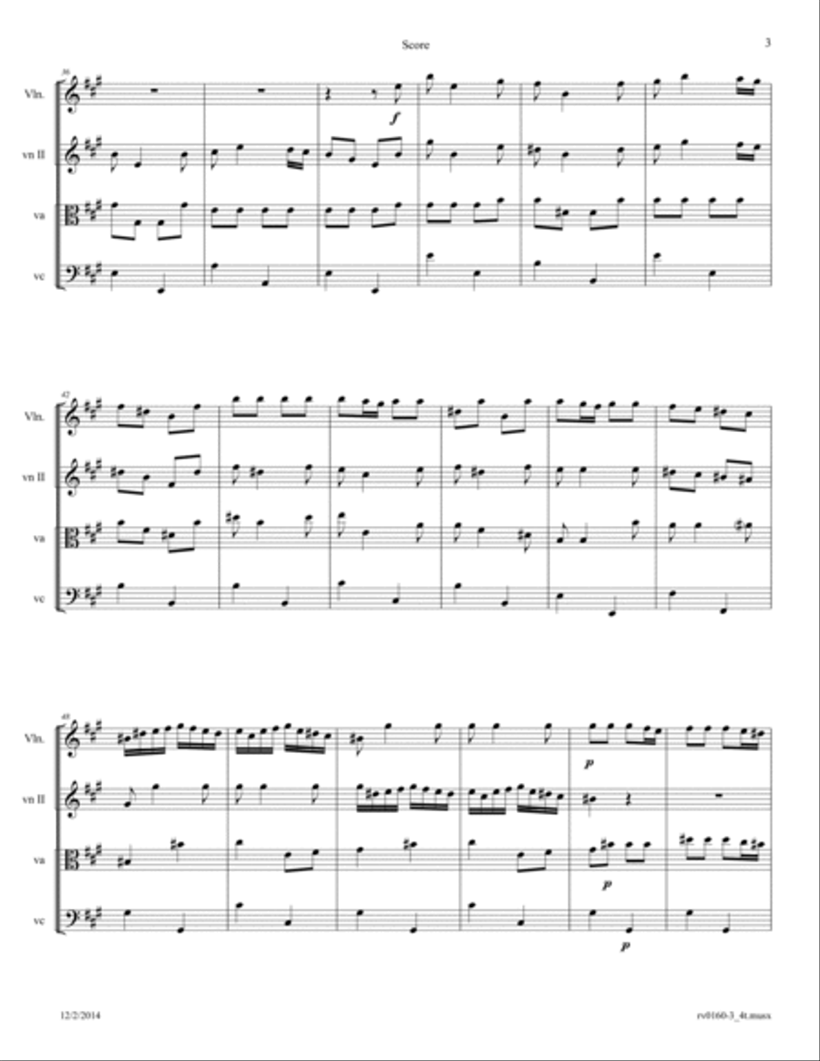 Vivaldi: Concerto for Strings in A Major RV 160; Movement 3: Allegro Arr. for String Quartet String Quartet scores gallery preview page 3