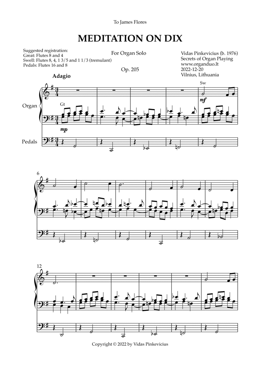 Meditation on Dix, Op. 205 (Organ Solo) by Vidas Pinkevicius Organ Solo scores gallery preview page 1