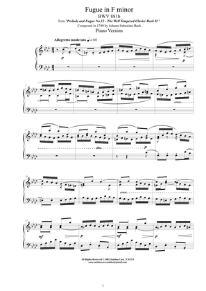 Book cover for Bach - Fugue in F minor BWV 881b - Piano version