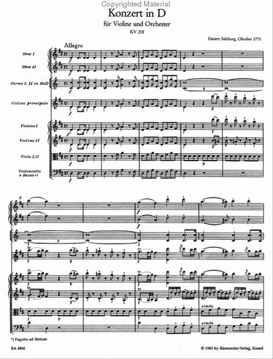 Concerto for Violin and Orchestra, No. 4 D major, KV 218