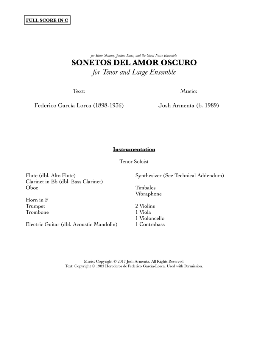 Sonetos del amor oscuro (Full Score) Chamber Orchestra scores gallery preview page 1