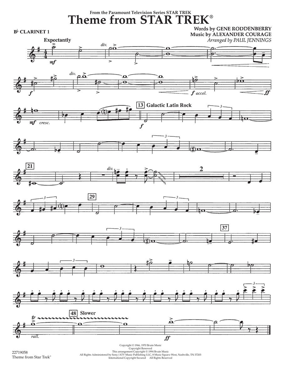Theme from Star Trek (TV Series) - Bb Clarinet 1 Concert Band scores gallery preview page 1