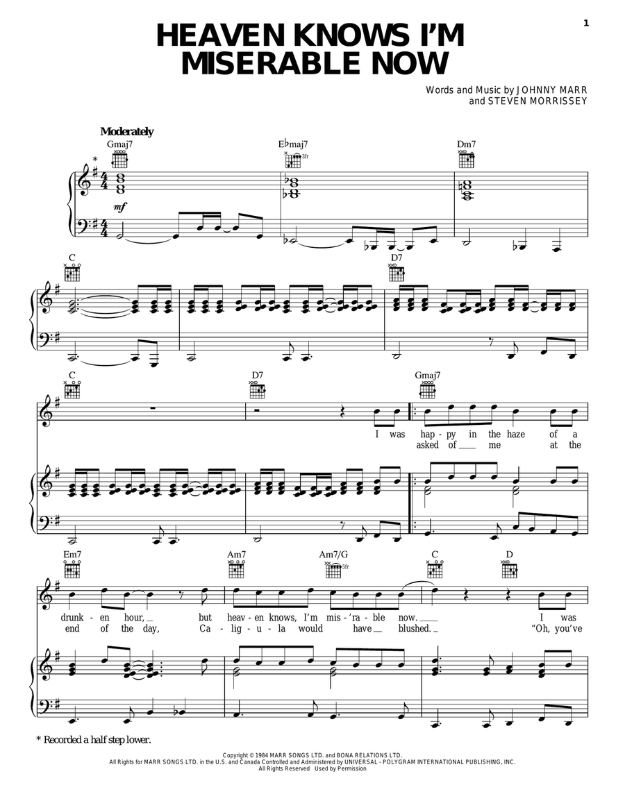 Heaven Knows I'm Miserable Now Piano, Vocal, Guitar scores gallery preview page 1