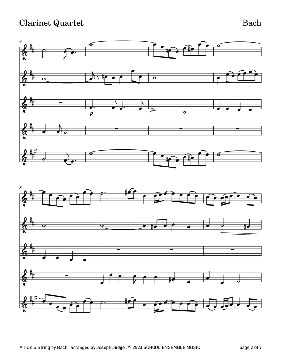 Air On G String by Bach for Clarinet Quartet in Schools Woodwind Ensemble scores gallery preview page 2