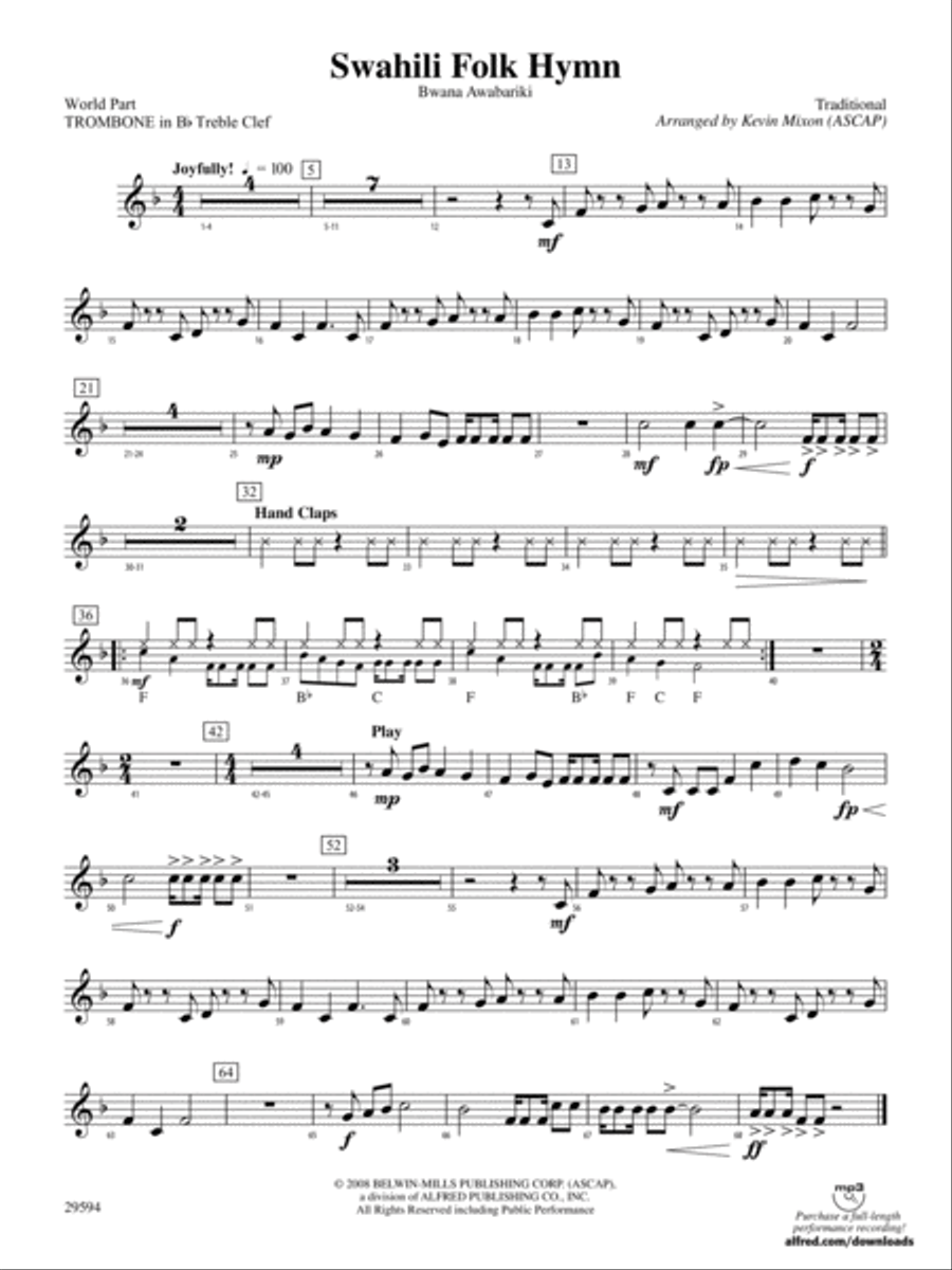 Swahili Folk Hymn (Bwana Awabariki): (World Part) 1st B-flat Trombone T.C. Concert Band scores gallery preview page 1