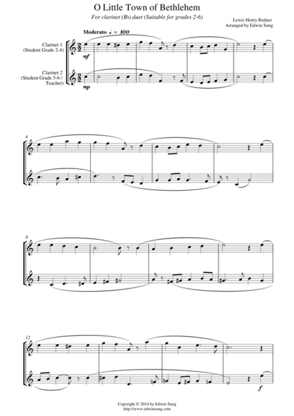 O Little Town of Bethlehem (for clarinet (Bb) duet, suitable for grades 2-6) image number null