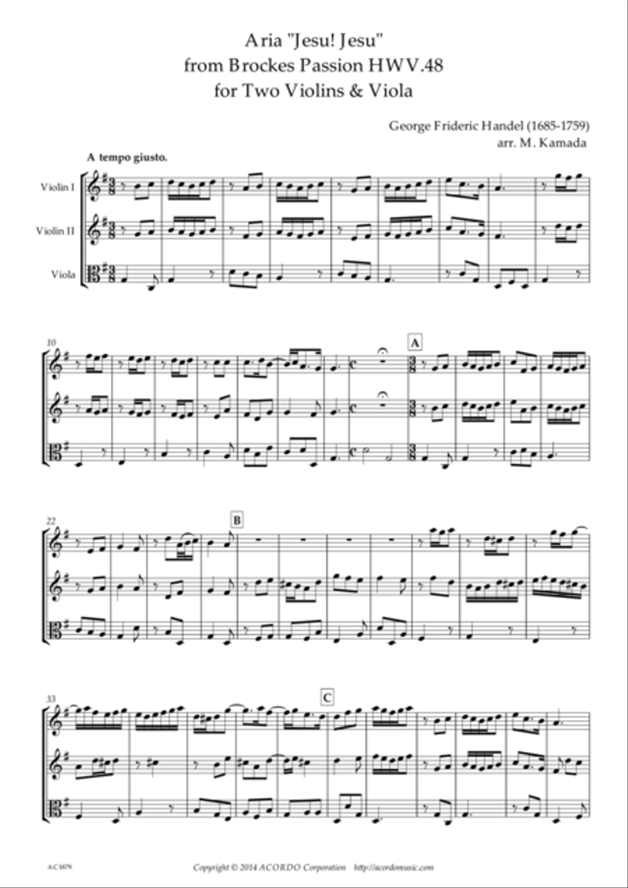 'Jesu! Jesu' from Brockes Passion HWV.48 for Two Violins & Viola String Duet scores gallery preview page 1