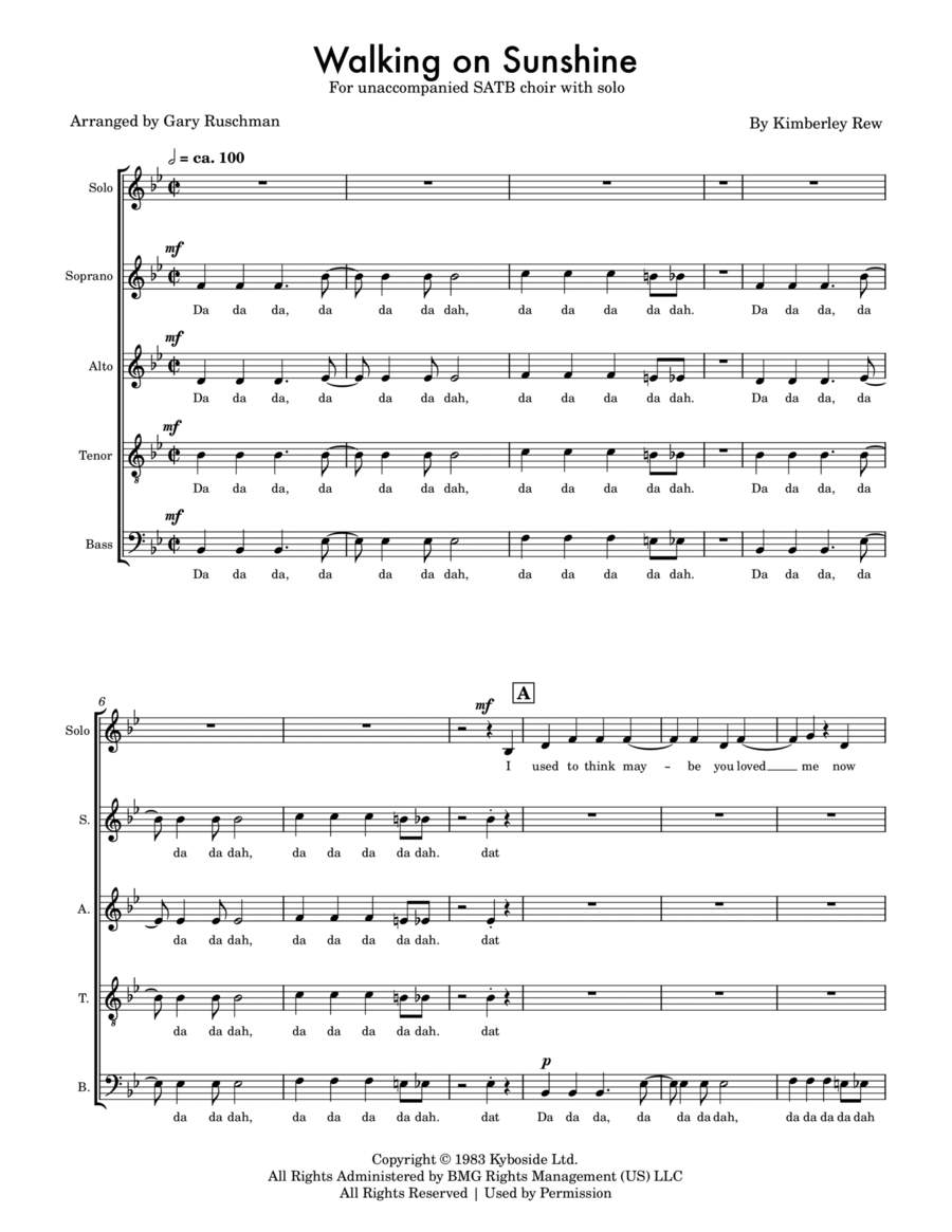 Walking On Sunshine 4-Part scores gallery preview page 1