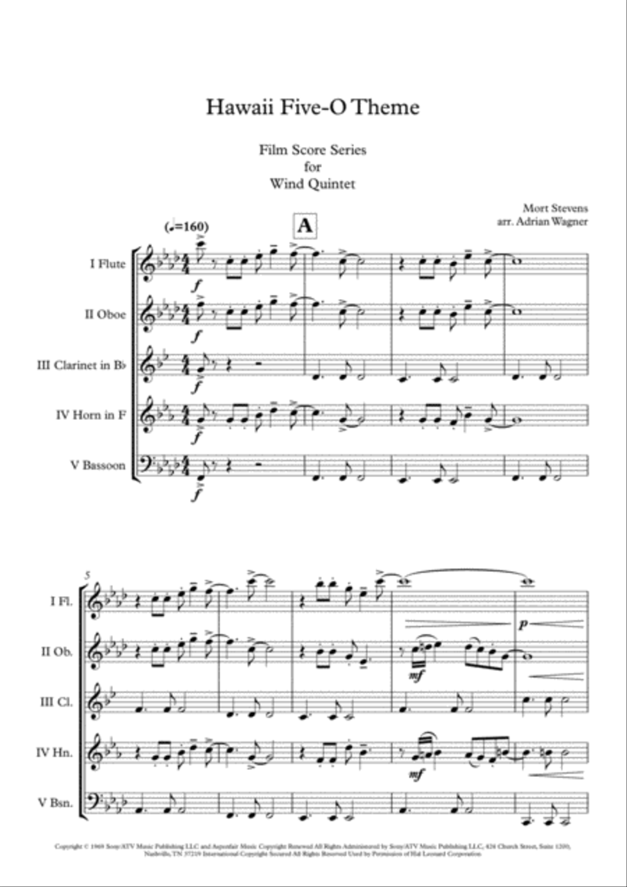 Hawaii Five-O Theme Woodwind Quintet scores gallery preview page 3
