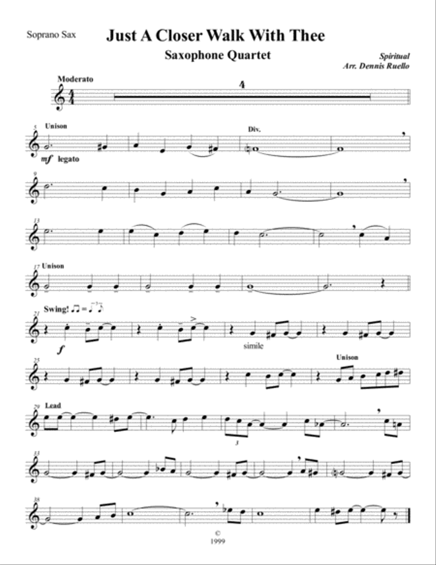 Just A Closer Walk With Thee - Saxophone Quartet (SATB or AATB) - Jazz Funeral Style Saxophone Quartet scores gallery preview page 5