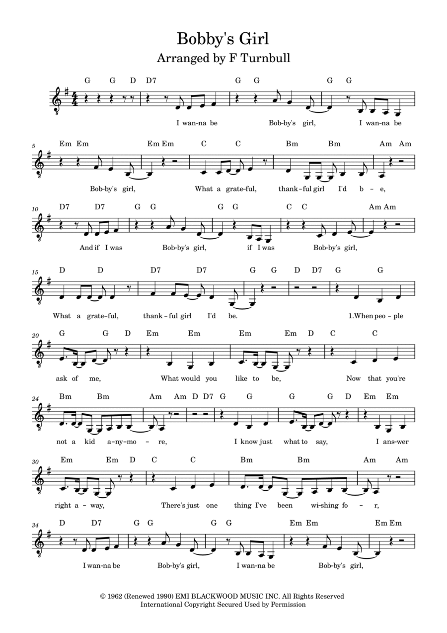 Bobby's Girl Bobby's Girl Piano, Vocal, Guitar scores gallery preview page 1
