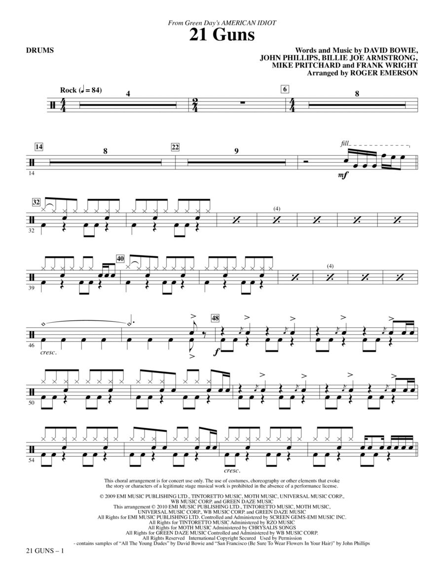 21 Guns (from American Idiot) (arr. Roger Emerson) - Drums Choir scores gallery preview page 1