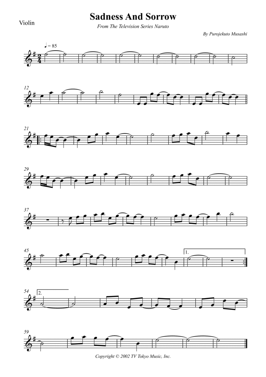 Sadness And Sorrow Violin Solo scores gallery preview page 1