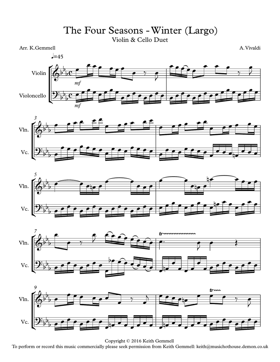 Winter - Four Seasons (Largo): Violin & Cello Duet String Duet scores gallery preview page 1