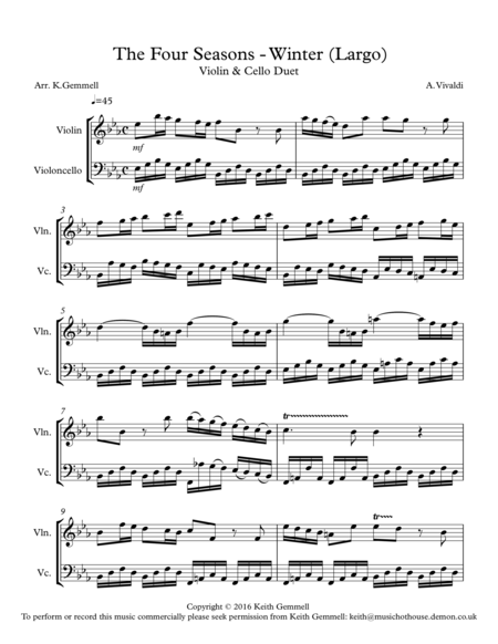 Winter - Four Seasons (Largo): Violin & Cello Duet image number null