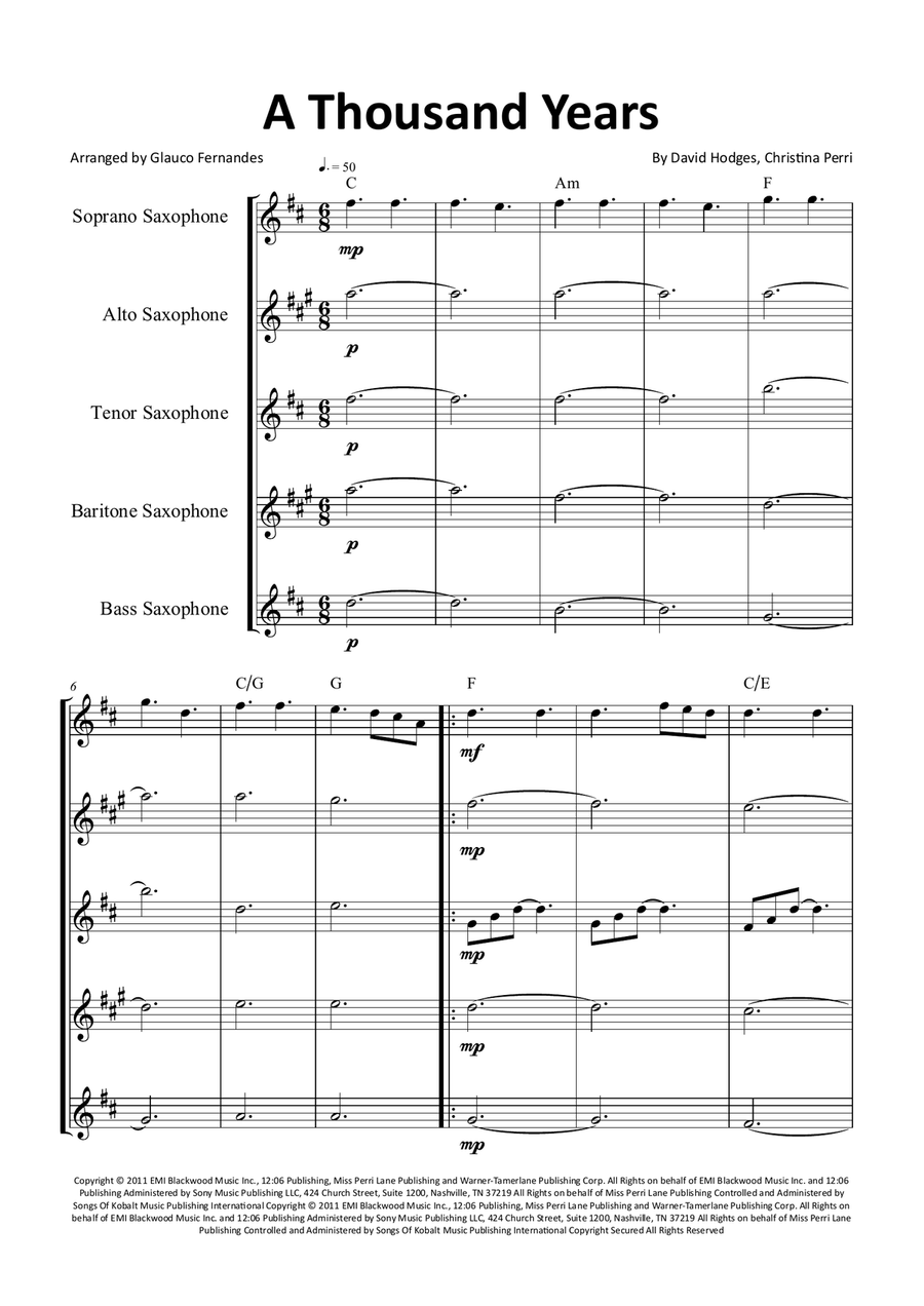 A Thousand Years Saxophone Quintet scores gallery preview page 1