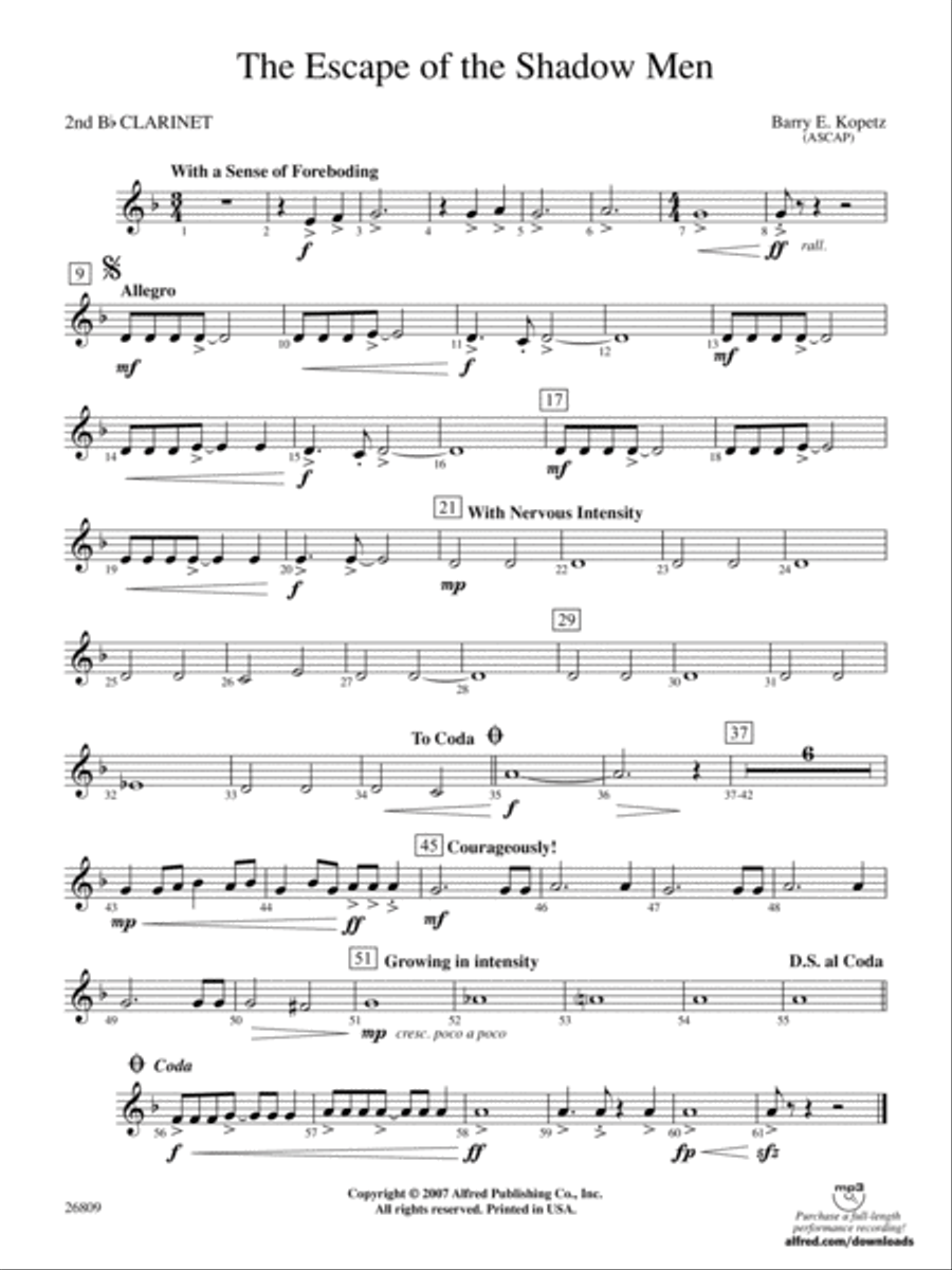 The Escape of the Shadow Men: 2nd B-flat Clarinet Concert Band scores gallery preview page 1