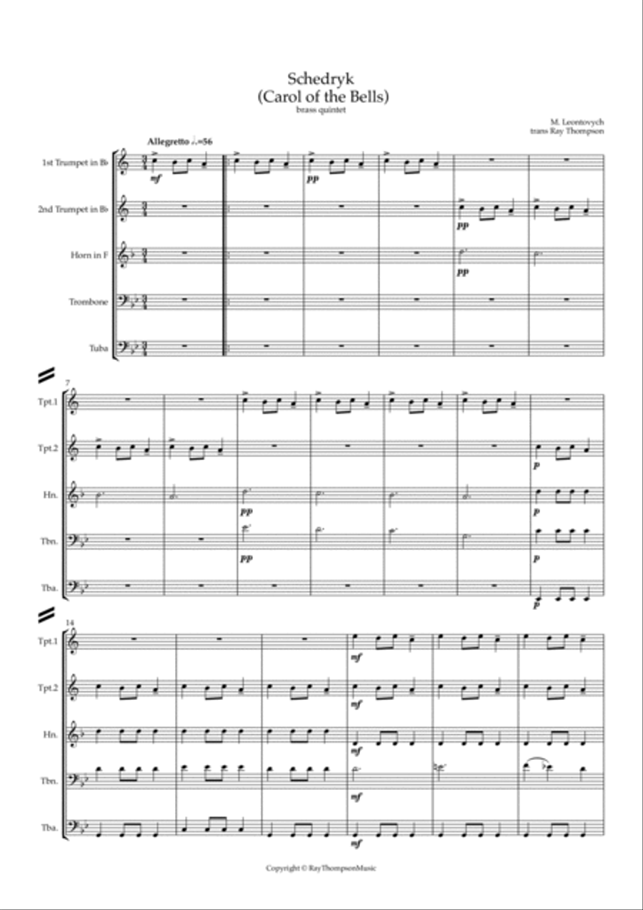 Leontovych: Schedryk (Carol of the Bells) - brass quintet Brass Quintet scores gallery preview page 2
