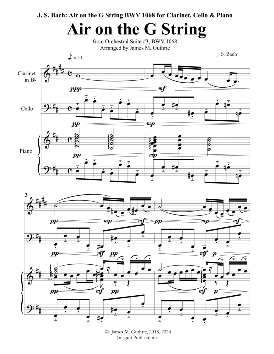 Bach: Air on a G String for Clarinet, Cello & Piano Clarinet scores gallery preview page 1
