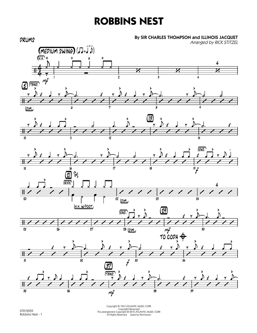 Robbins Nest - Drums Robbins Nest - Drums Jazz Ensemble scores gallery preview page 1