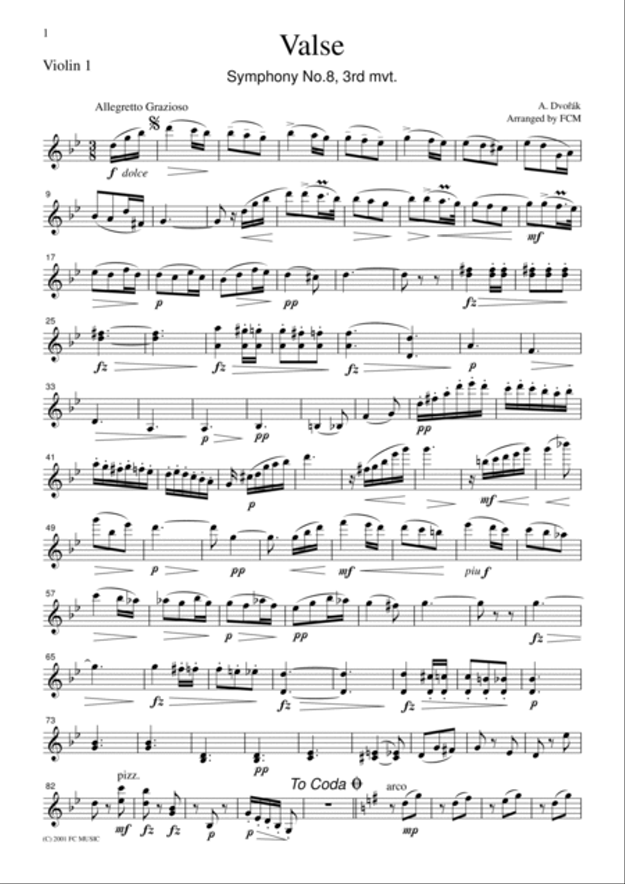 Dvorak Valse from Symphony No.8, 3rd mvt., for string quartet, CD202 String Quartet scores gallery preview page 5