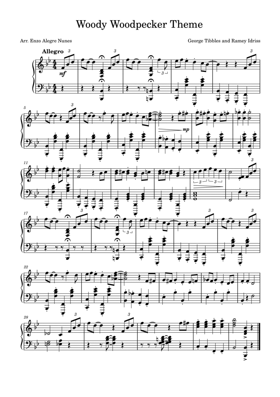 Woody Woodpecker Theme Piano Solo scores gallery preview page 1