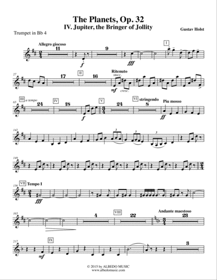 Holst The Planets, IV. Jupiter, the Bringer of Jollity - Trumpet in Bb 4 (Transposed Part), Op. 32 B-Flat Trumpet scores gallery preview page 1