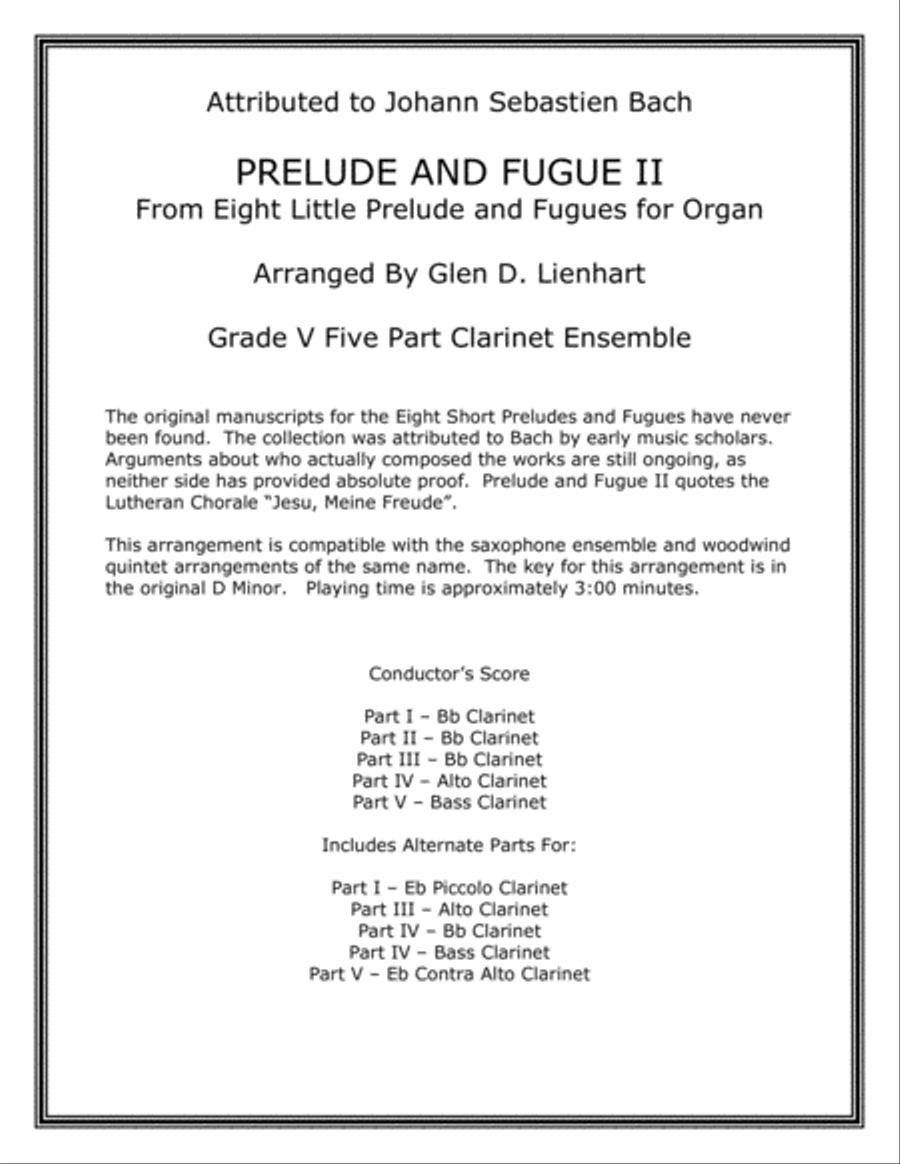 Prelude and Fugue II (Clarinet) Woodwind Quintet scores gallery preview page 1
