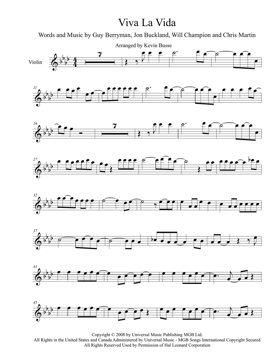 Viva La Vida Viva La Vida Violin Solo scores gallery preview page 1