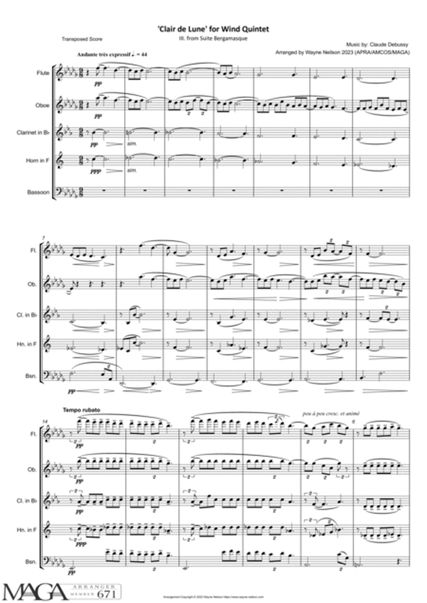 'Clair dé Lune' from Suite Bergamasque for Wind Quintet image number null