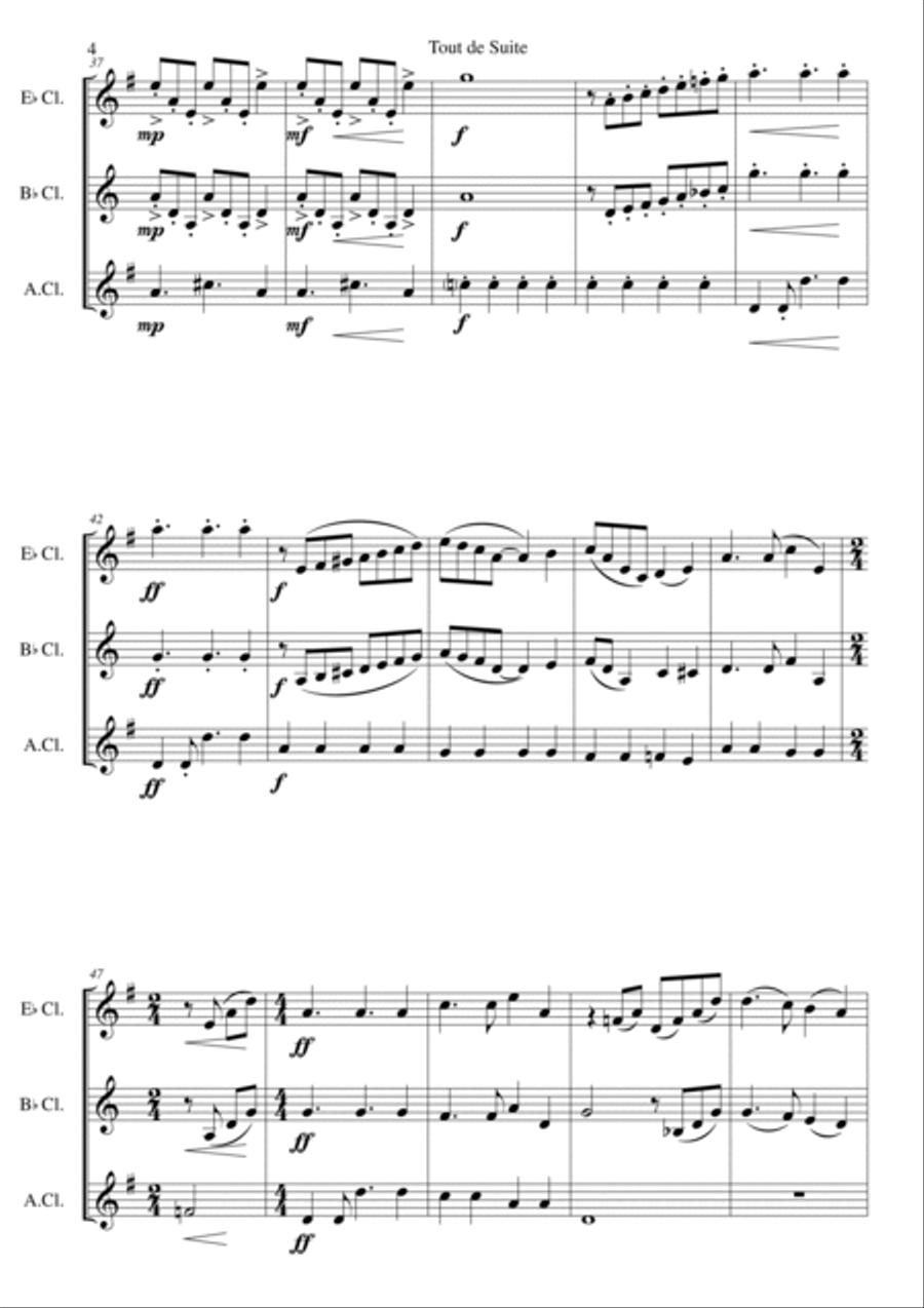 Tout de Suite (or Toot Sweet) for clarinet trio (E flat, B flat and Alto clarinet) Clarinet Trio scores gallery preview page 4