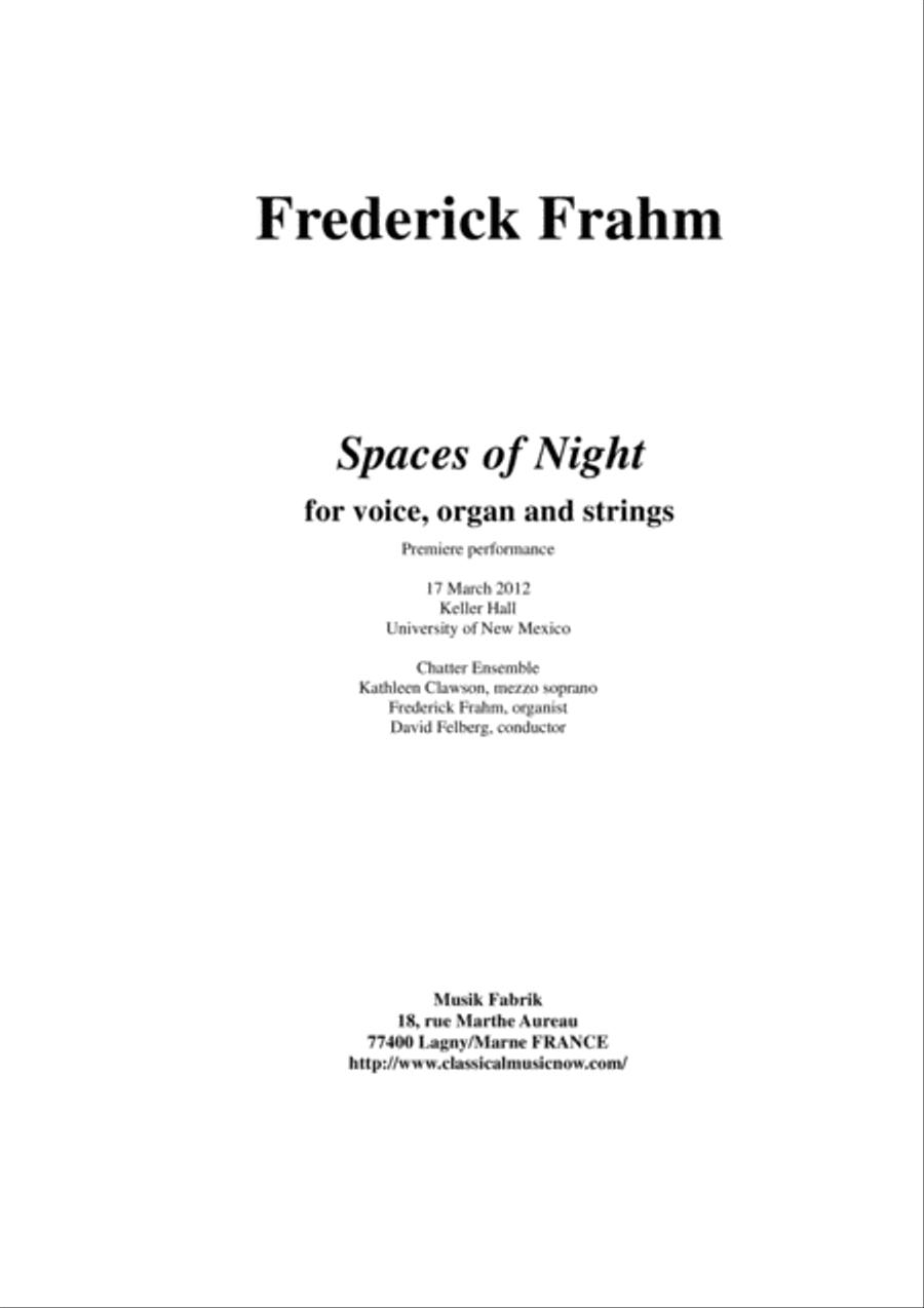 Frederick Frahm: Spaces of Night for voice and organ Small Ensemble scores gallery preview page 1