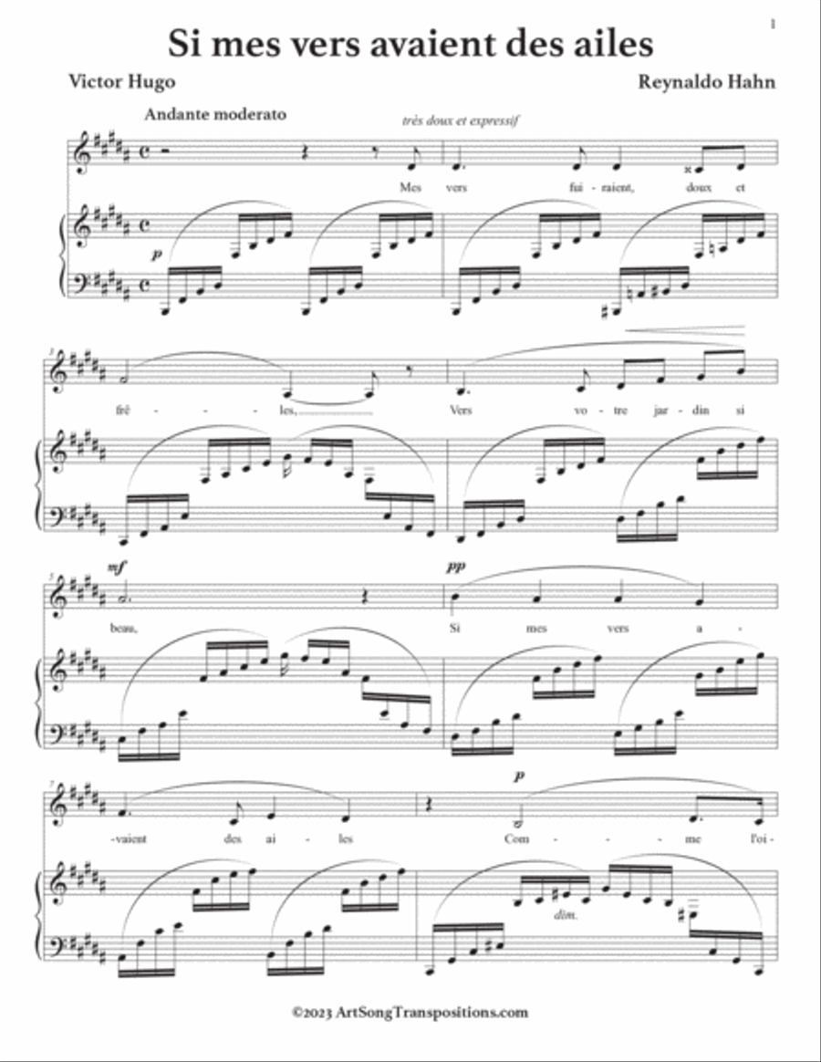 HAHN: Si mes vers avaient des ailes (transposed to B major) Voice scores gallery preview page 2