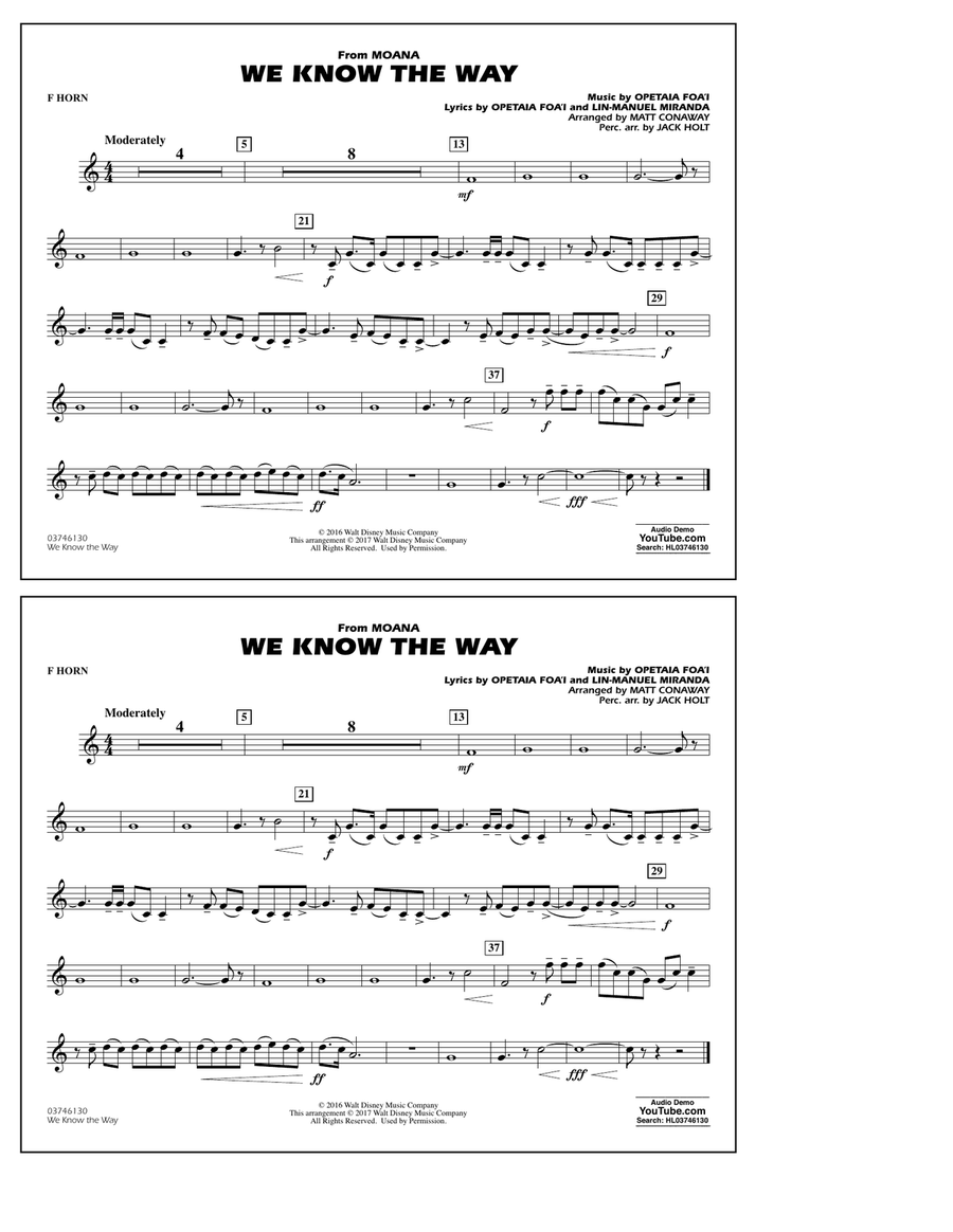 We Know the Way (from Moana) (arr. Matt Conaway) - F Horn Marching Band scores gallery preview page 1