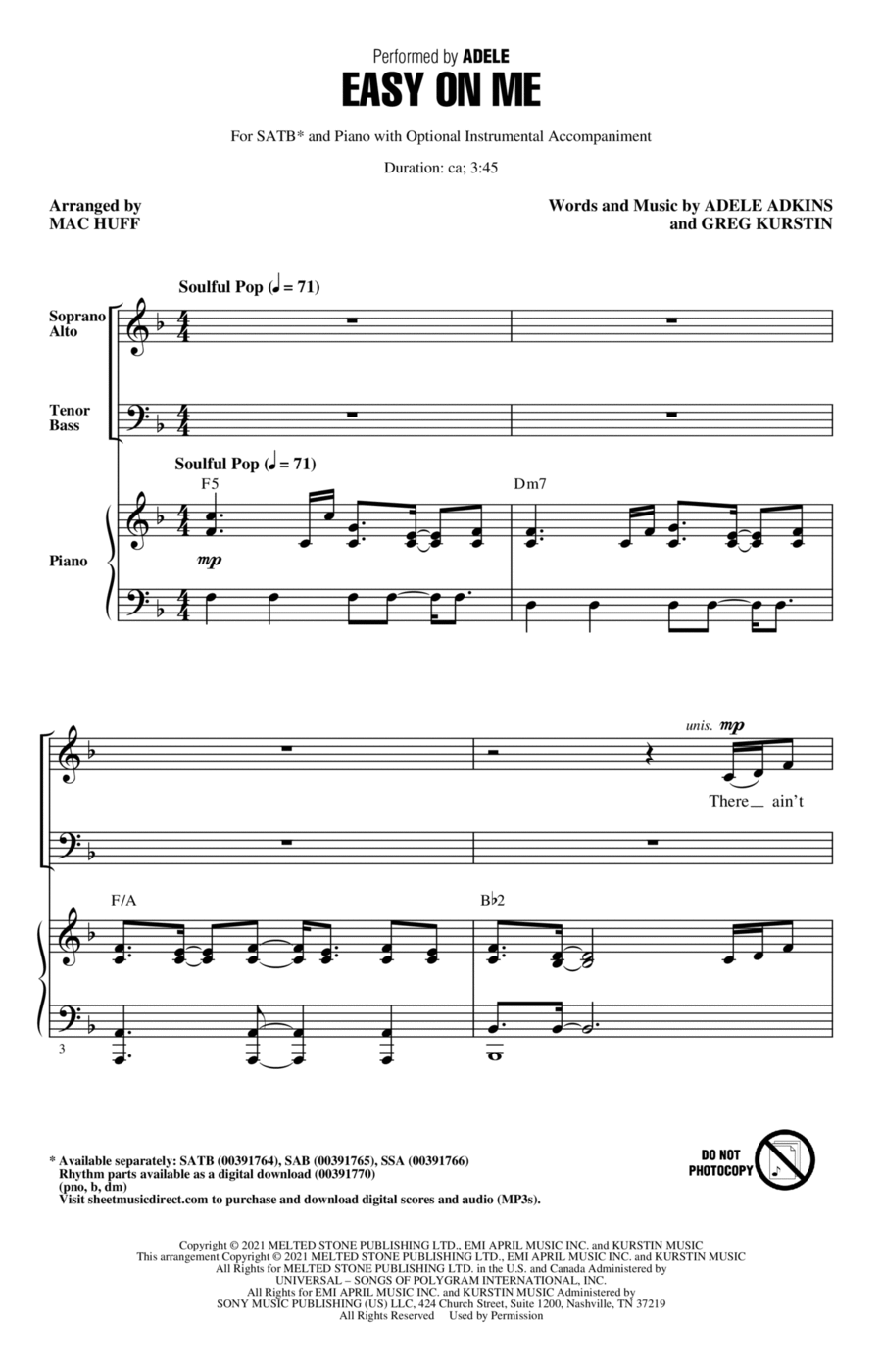 Easy On Me (arr. Mac Huff) 4-Part scores gallery preview page 1