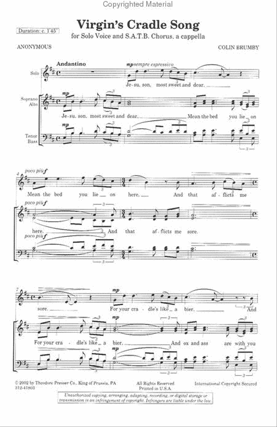 Virgin's Cradle Song 4-Part scores gallery preview page 2