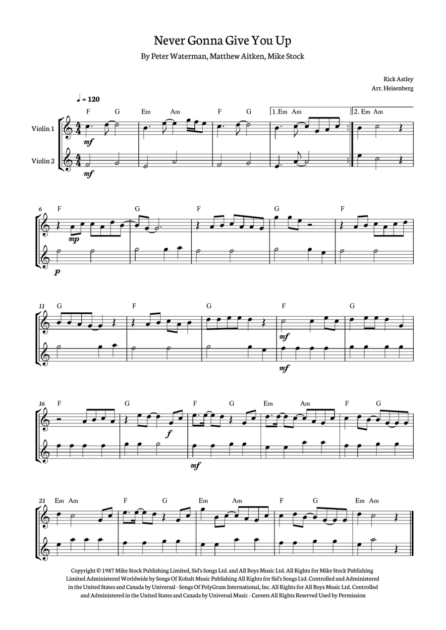 Never Gonna Give You Up String Duet scores gallery preview page 1