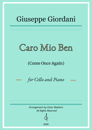 Book cover for Caro Mio Ben (Come Once Again) - Cello and Piano (Full Score and Parts)