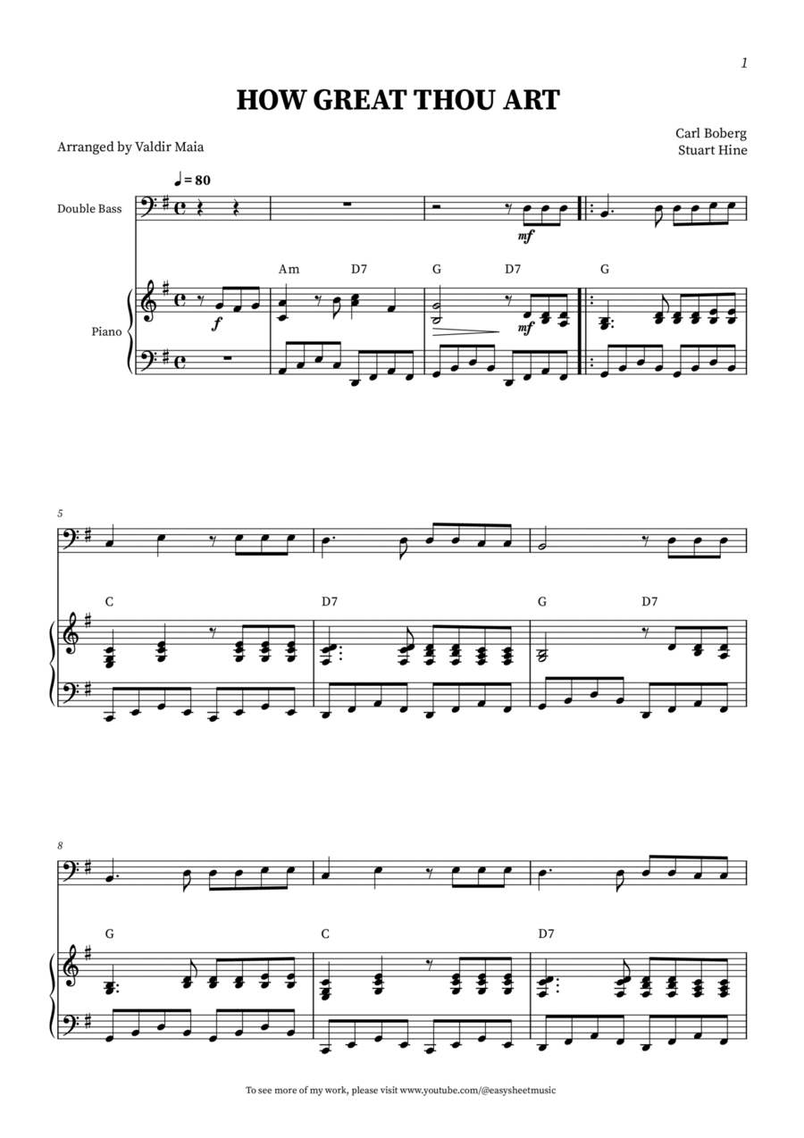 How Great Thou Art - Double Bass with piano accompaniment (+CHORDS) Double Bass scores gallery preview page 1