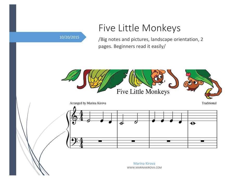 Five Little Monkeys /Nursery rhymes piano sheet for beginners , Big notes and pictures, landscape or Easy Piano scores gallery preview page 1