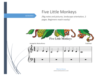 Five Little Monkeys /Nursery rhymes piano sheet for beginners , Big notes and pictures, landscape or