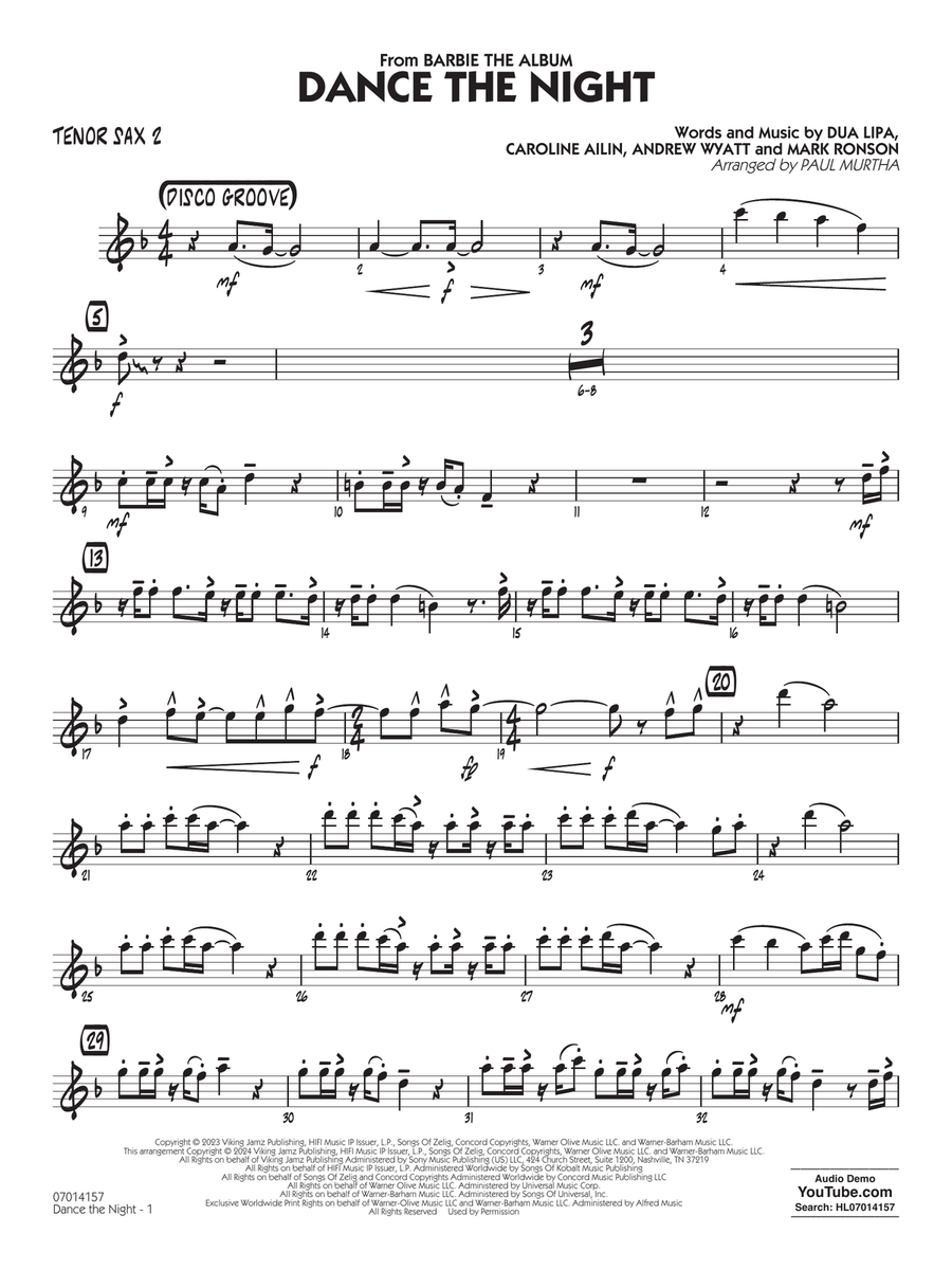 Dance The Night (from Barbie) (arr. Murtha) - Tenor Sax 2