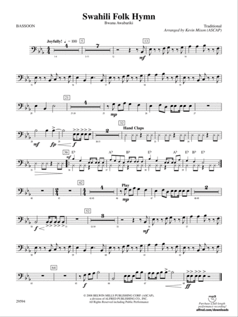 Swahili Folk Hymn (Bwana Awabariki): Bassoon Concert Band scores gallery preview page 1